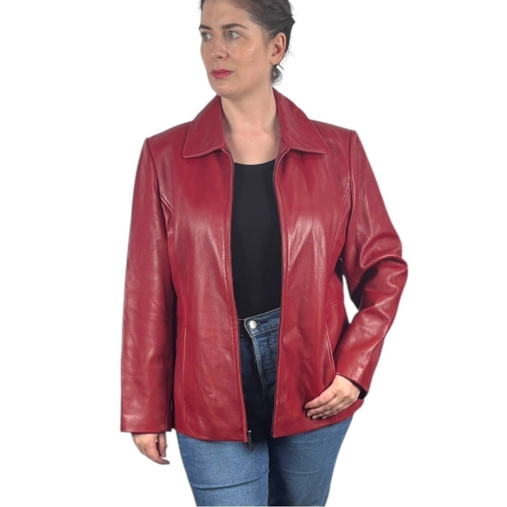 VINTAGE 90S CHERRY RED LEATHER ZIP UP COLLARED CLASSIC JACKET LIZ CLAIBORNE